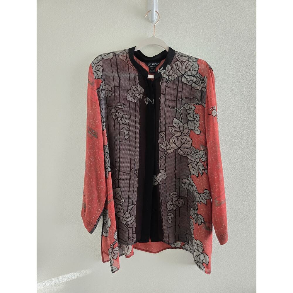 Citron Santa Monica 1X Kimono Silk Button Top Ivy Leaves Sheer Red Boho Hippie